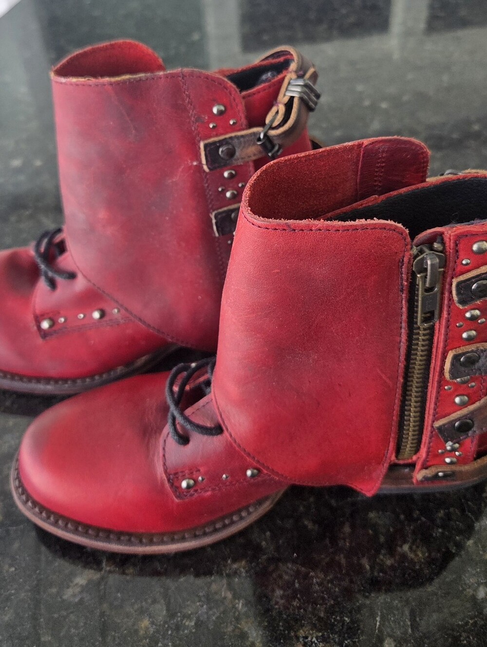 Freebird Rynn Red Multi Leather Ankle Boots Womens 5 Buckle Studded Moto
